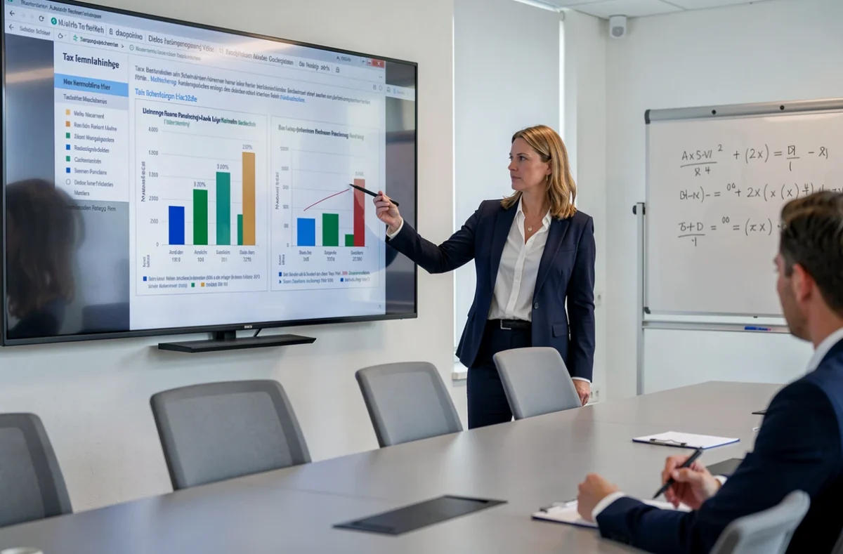 Geschäftsfrau präsentiert Steuerreform-Daten 2026 auf einem Touchscreen in einem Unternehmens-Konferenzraum