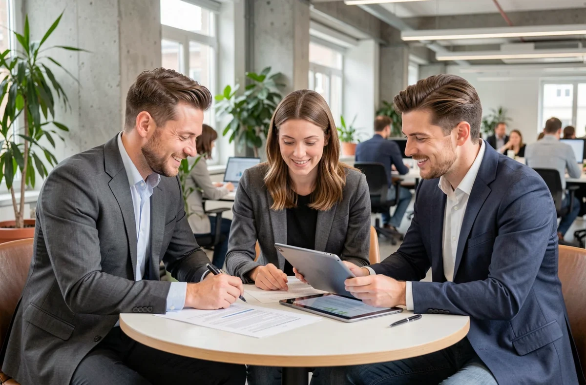 Drei Geschäftsleute analysieren gemeinsam rechtliche Verträge in einem modernen Co-Working-Space