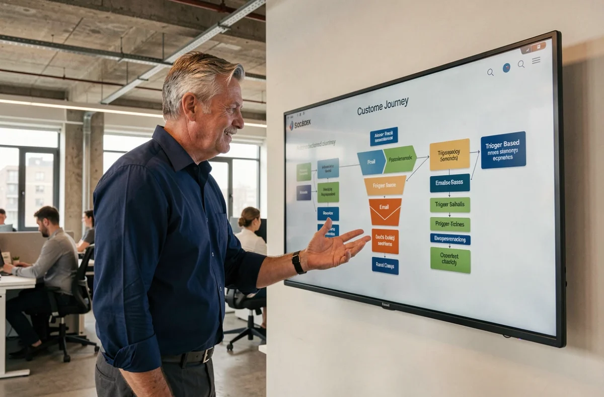 Geschäftsmann erklärt automatisierte Customer-Journey-Map auf einem Bildschirm in einem modernen Open-Space-Büro