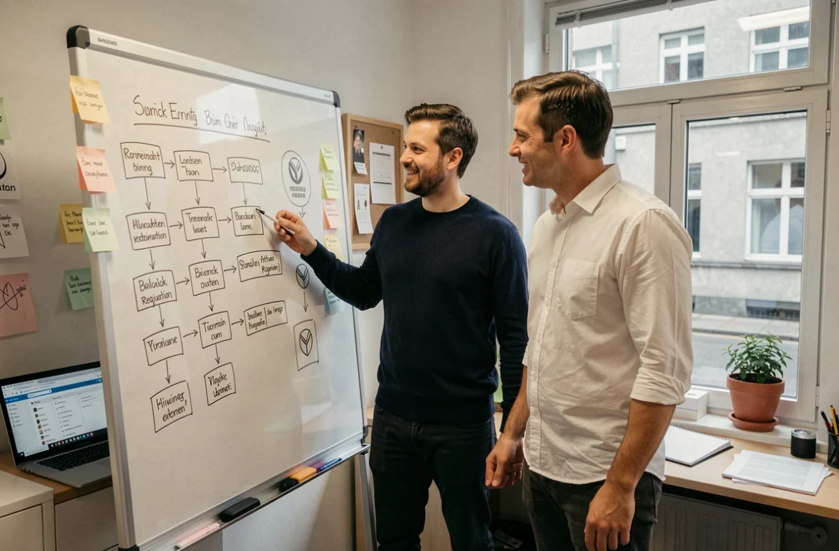 Zwei Start-up-Gründer erarbeiten gemeinsam eine Markenschutz-Strategie an einem Whiteboard