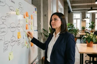 Junge Gründerin präsentiert Geschäftsmodell auf einem Whiteboard in einem modernen Berliner Co-Working-Space
