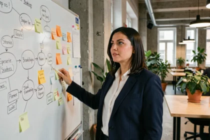Junge Gründerin präsentiert Geschäftsmodell auf einem Whiteboard in einem modernen Berliner Co-Working-Space