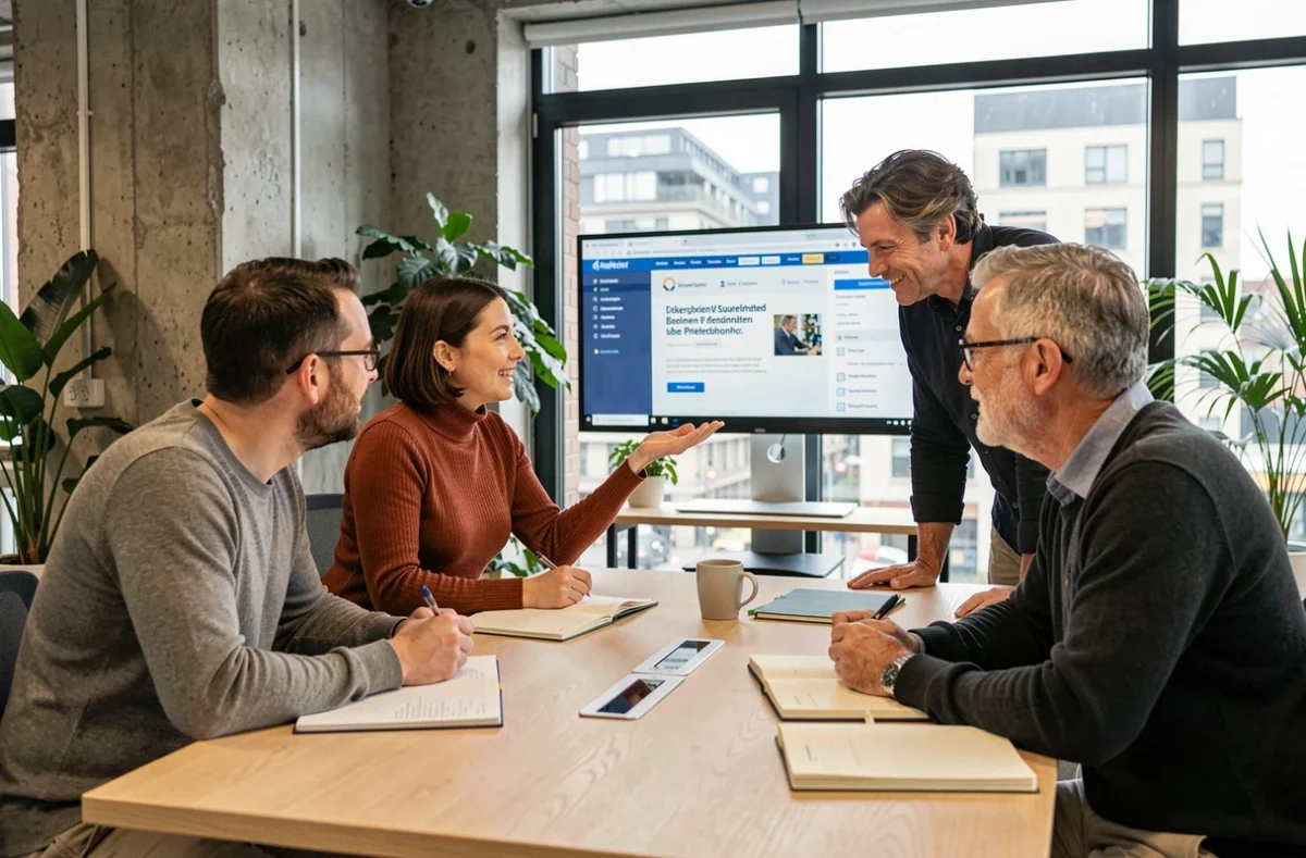 Gruppe diskutiert neue deutsche Verbraucherschutzgesetze im digitalen Zeitalter in einem Co-Working-Space