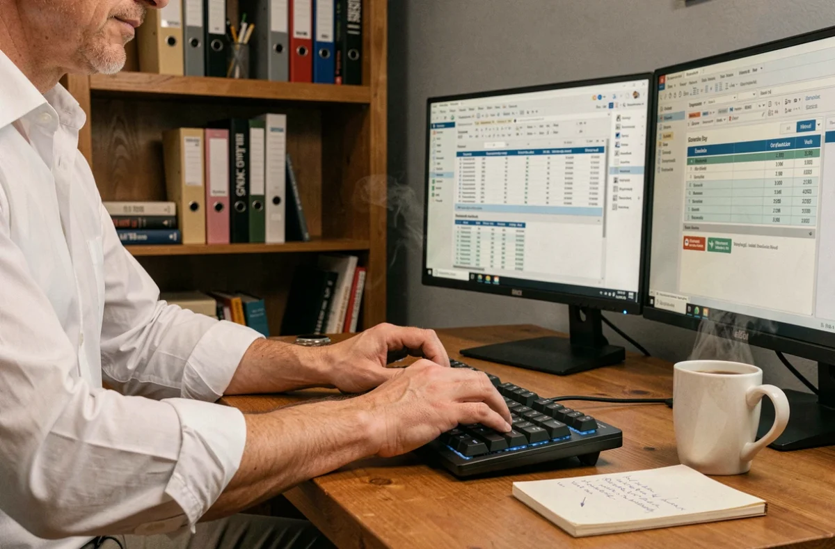 Hände eines Buchhalters beim Tippen auf Tastatur mit Buchhaltungssoftware auf zwei Monitoren im Homeoffice