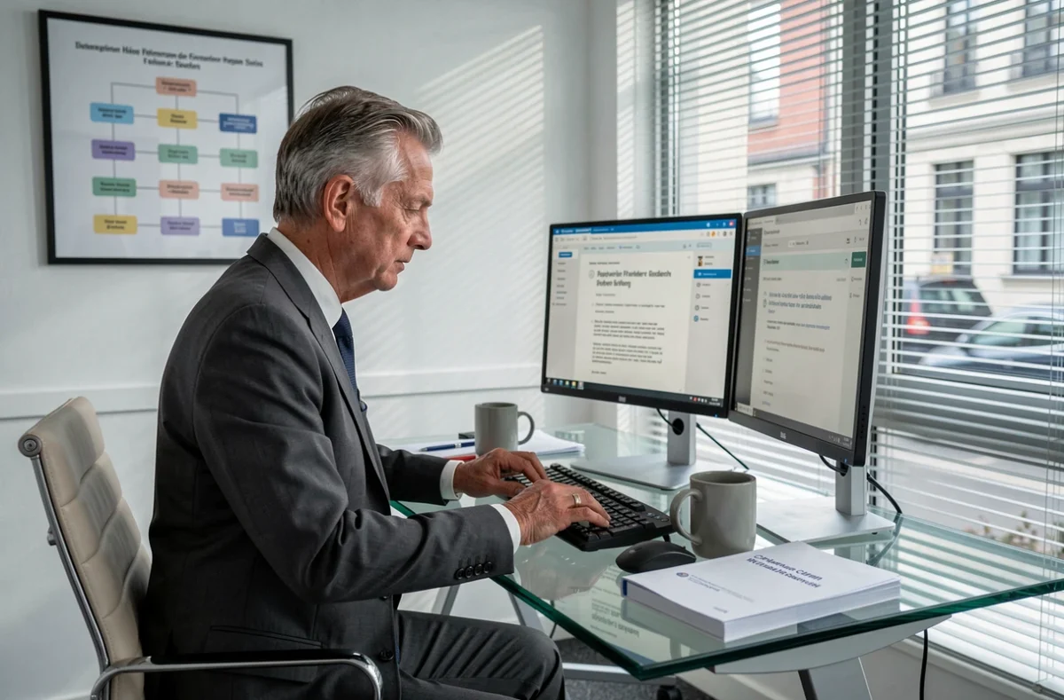 HR-Direktor liest am Computer neue arbeitsrechtliche Vorschriften in einem Einzelbüro