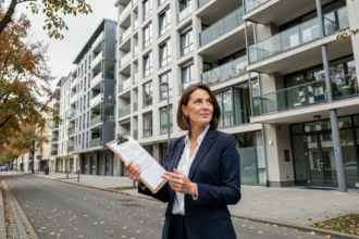 Immobilienmaklerin vor modernem Wohngebäude in Frankfurt zeigt Immobilienangebote auf dem deutschen Wohnungsmarkt 2026