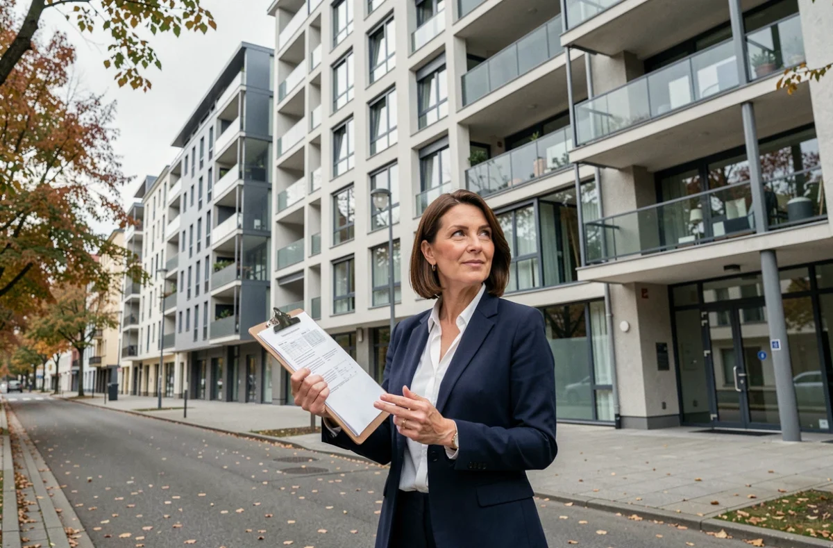 Immobilienmaklerin vor modernem Wohngebäude in Frankfurt zeigt Immobilienangebote auf dem deutschen Wohnungsmarkt 2026