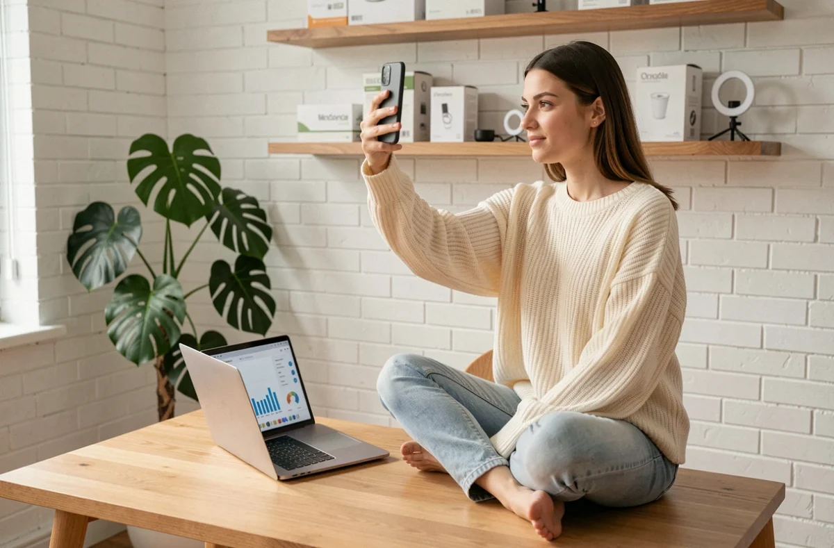 Junge Influencerin sitzt an ihrem Home-Office-Schreibtisch, hält ein Smartphone und analysiert Social-Media-Statistiken auf ihrem Laptop – Influencer-Marketing in Deutschland