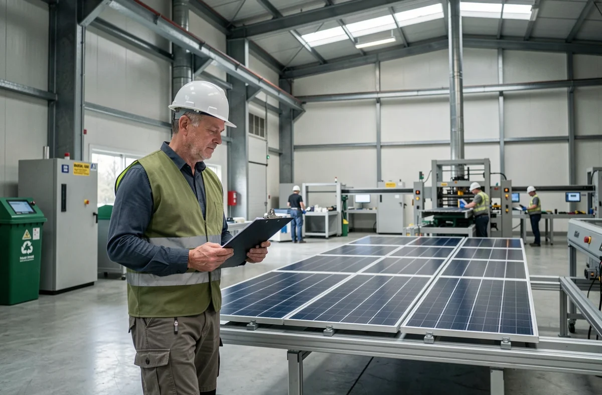 Ingenieur inspiziert Solarmodul-Montagestation in nachhaltiger deutscher Industrieproduktion