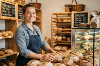 Inhaberin einer kleinen deutschen Bäckerei steht hinter dem Tresen und arrangiert Brotlaibe – lokales Marketing für kleine Unternehmen