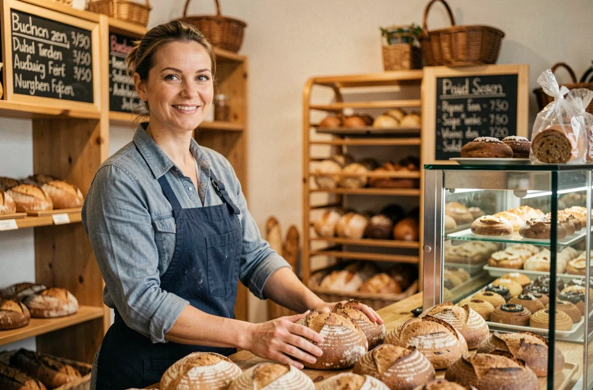 Inhaberin einer kleinen deutschen Bäckerei steht hinter dem Tresen und arrangiert Brotlaibe – lokales Marketing für kleine Unternehmen