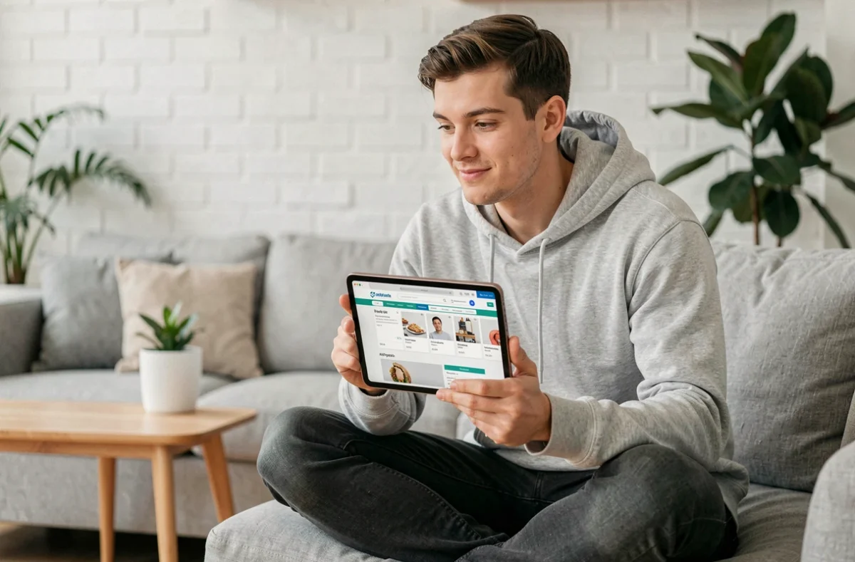 Junger Mann vergleicht Affiliate-Produkte auf einem Tablet in modernem Wohnzimmer