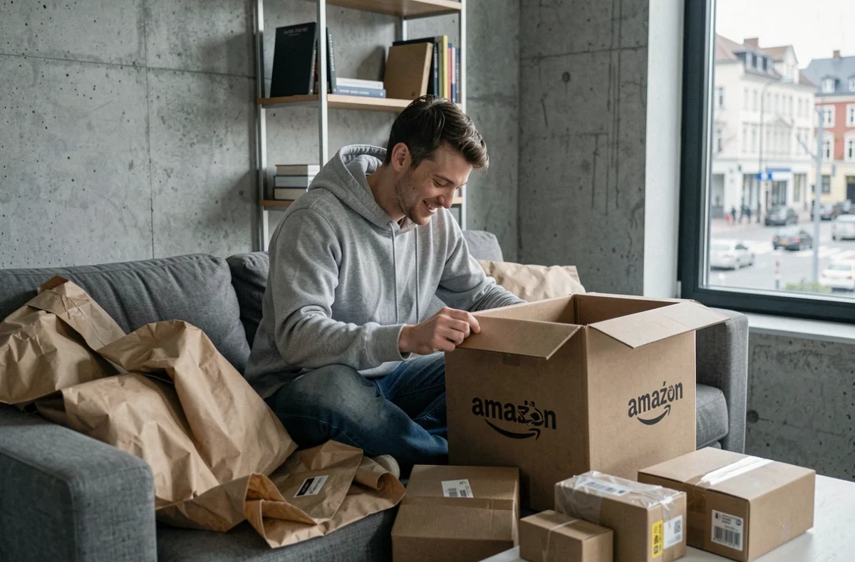 Junger Mann in Berliner Wohnung packt eine Amazon-Lieferung aus, umgeben von Kartons und Verpackungsmaterial