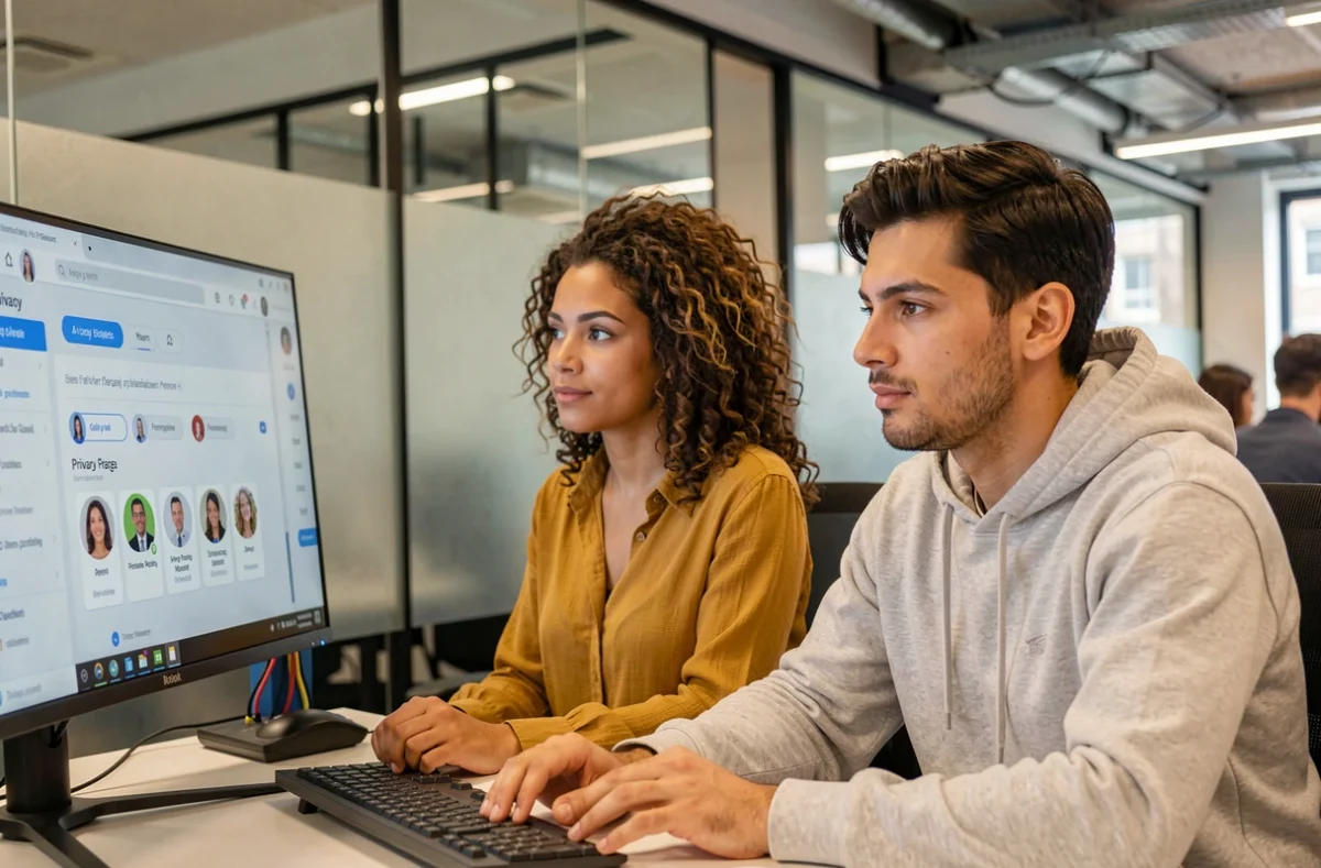 Zwei Kolleginnen und Kollegen analysieren gemeinsam Datenschutzeinstellungen eines sozialen Netzwerks im Büro