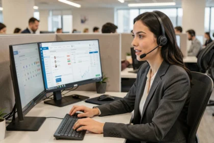 Kundenbetreuerin mit Headset am modernen Call-Center-Arbeitsplatz mit zwei Monitoren und Kundendaten-Dashboard