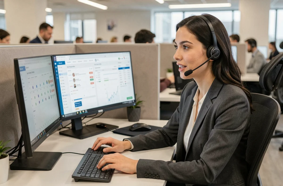 Kundenbetreuerin mit Headset am modernen Call-Center-Arbeitsplatz mit zwei Monitoren und Kundendaten-Dashboard
