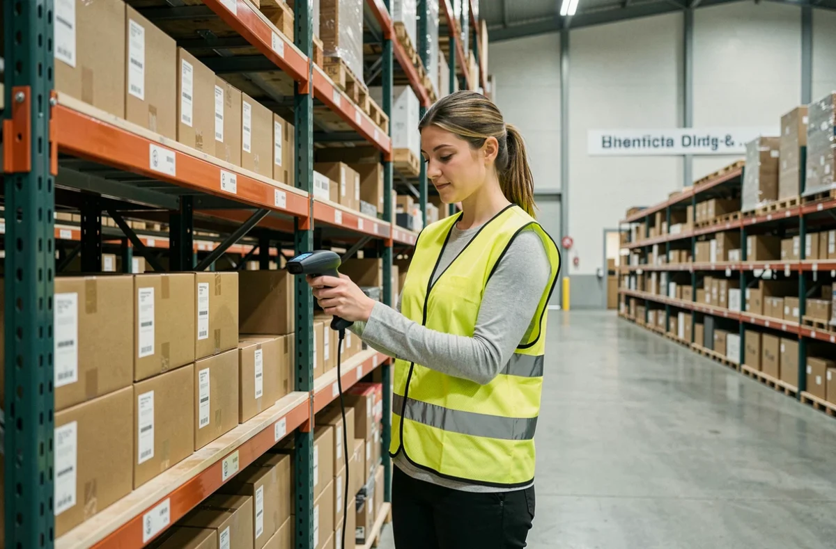 Lagerarbeiterin scannt Pakete in einem deutschen Logistikzentrum mit Hochregallagern
