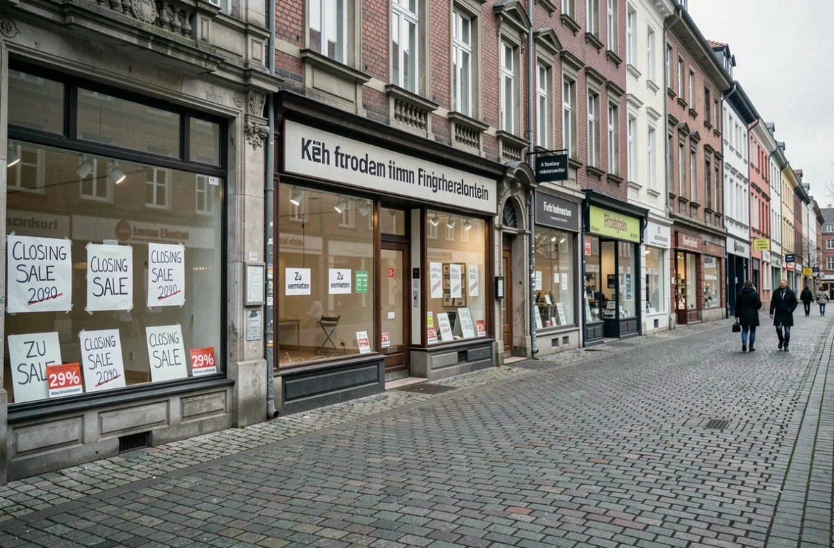 Leerstehende und im Ausverkauf befindliche Ladengeschäfte in einer deutschen Fußgängerzone mit 'Zu vermieten'-Schild