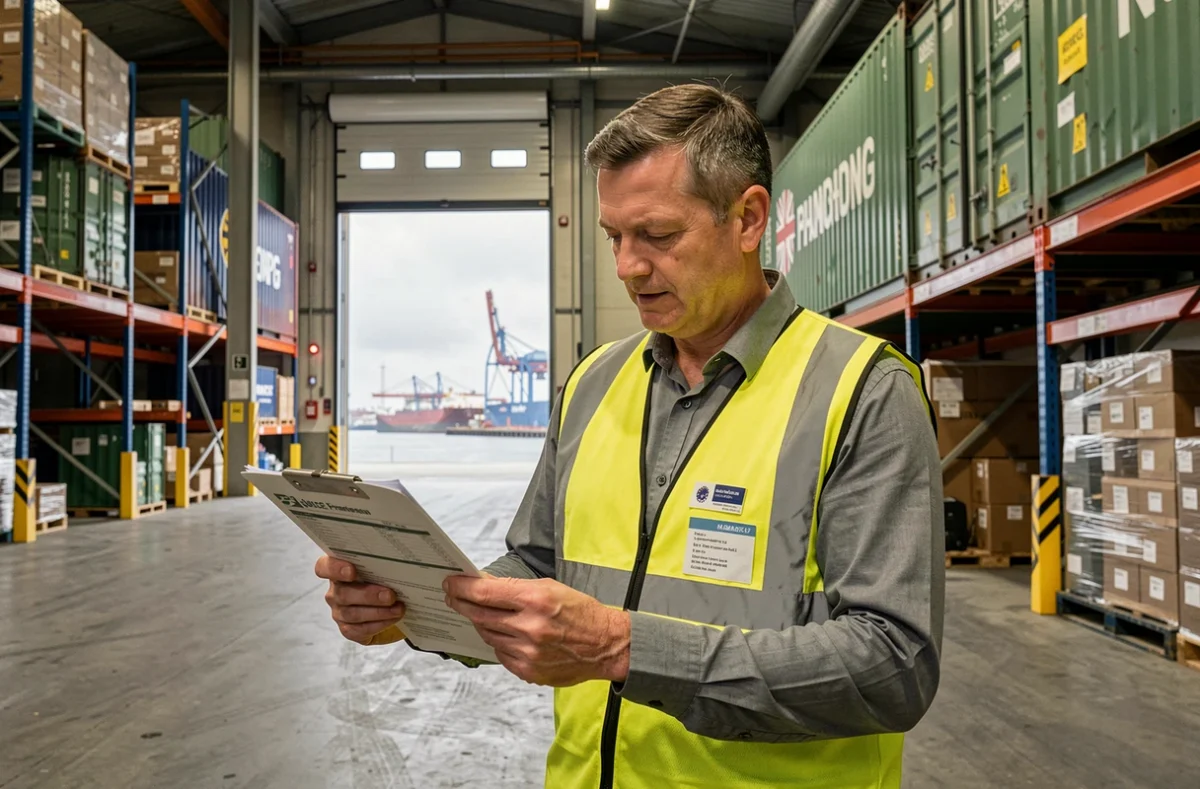 Deutscher Logistikmanager prüft Brexit-Versanddokumente in einem Hamburger Hafenlager mit Frachtcontainern im Hintergrund