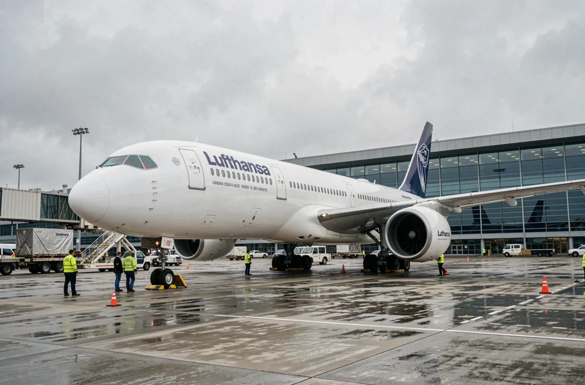 Lufthansa Airbus A350 am Flughafengate mit Bodenpersonal bei Vorflugkontrolle