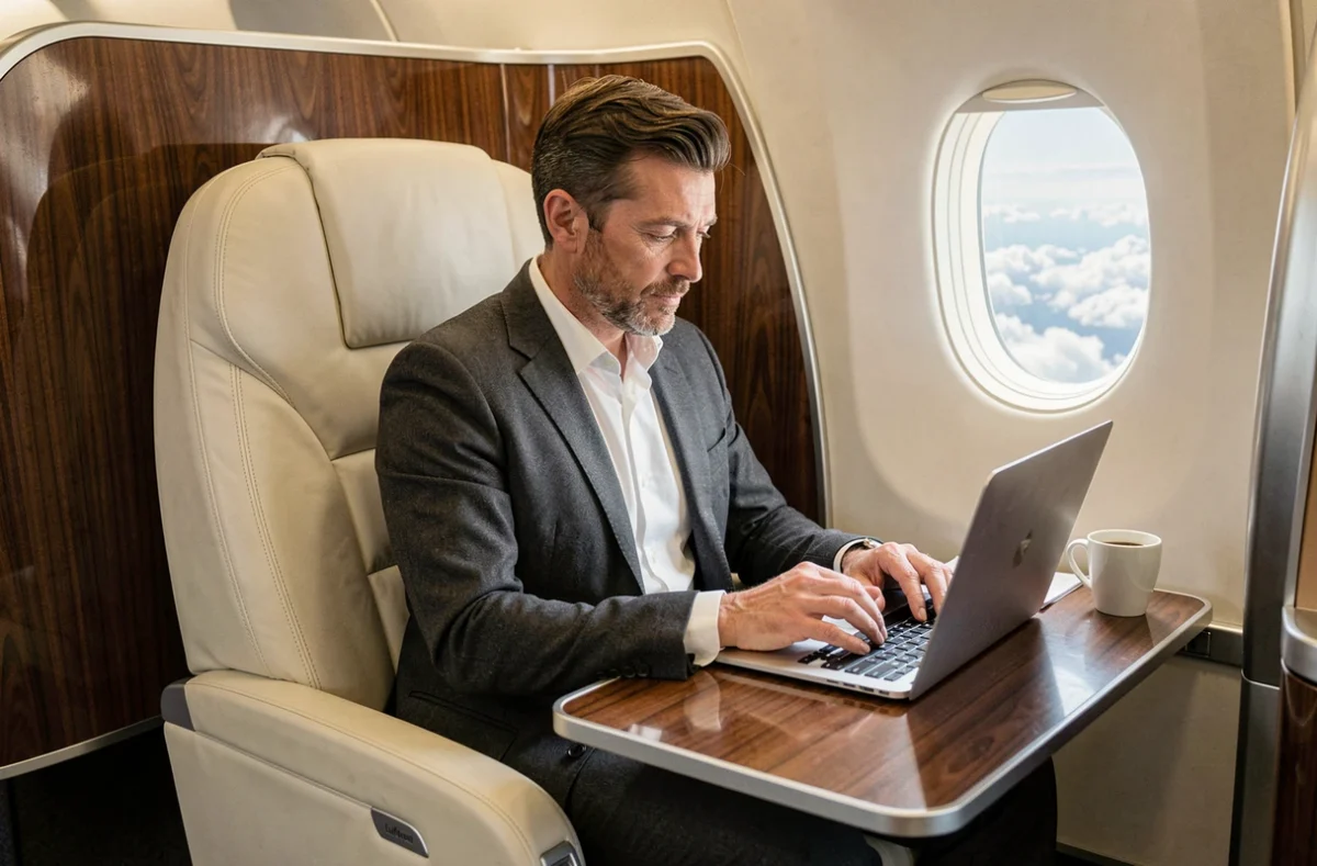 Geschäftsreisender in der Lufthansa Business Class arbeitet am Laptop während des Fluges