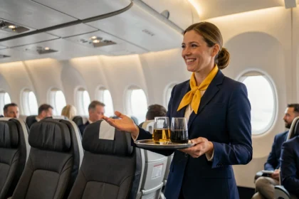 Lufthansa-Flugbegleiterin im modernen Kabineninnenraum bietet Passagieren einen verbesserten Service an