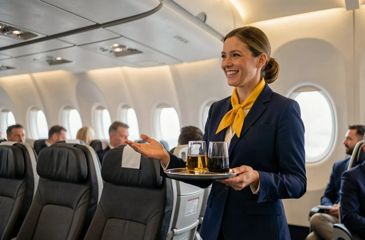 Lufthansa-Flugbegleiterin im modernen Kabineninnenraum bietet Passagieren einen verbesserten Service an