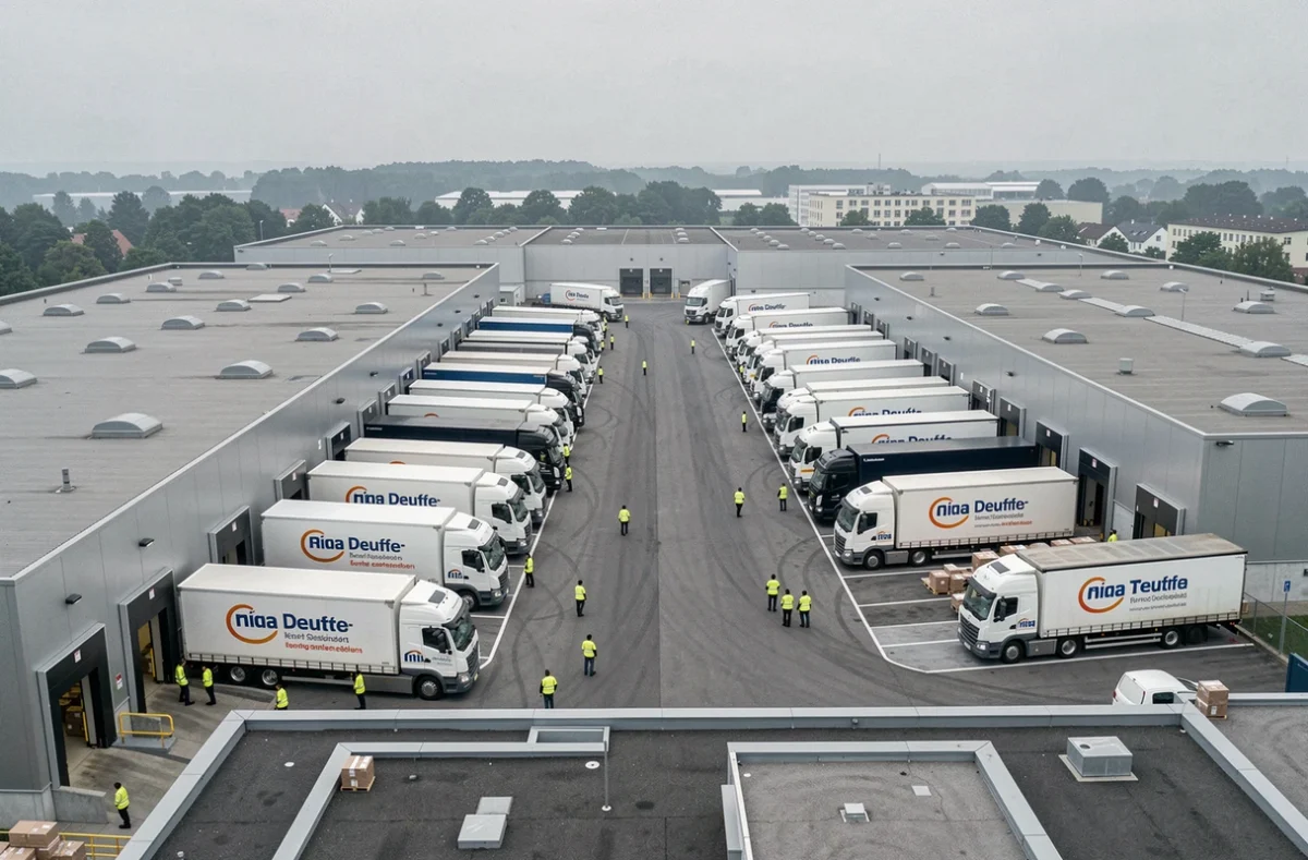 Vogelperspektive auf ein deutsches Logistikzentrum mit Lieferwagen und Lkw an Laderampen