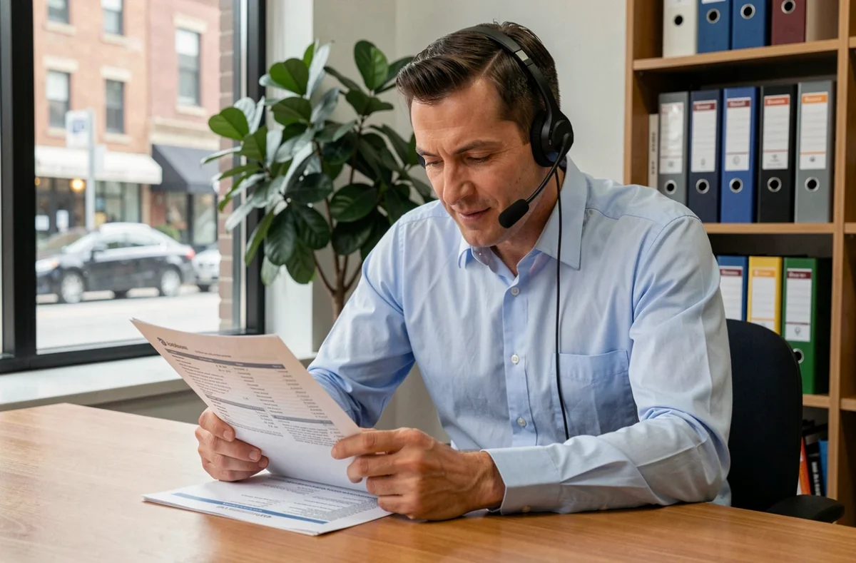 Männlicher Kundenbetreuer mit Headset prüft Kundenakte in einem übersichtlichen Büro mit städtischem Fensterhintergrund