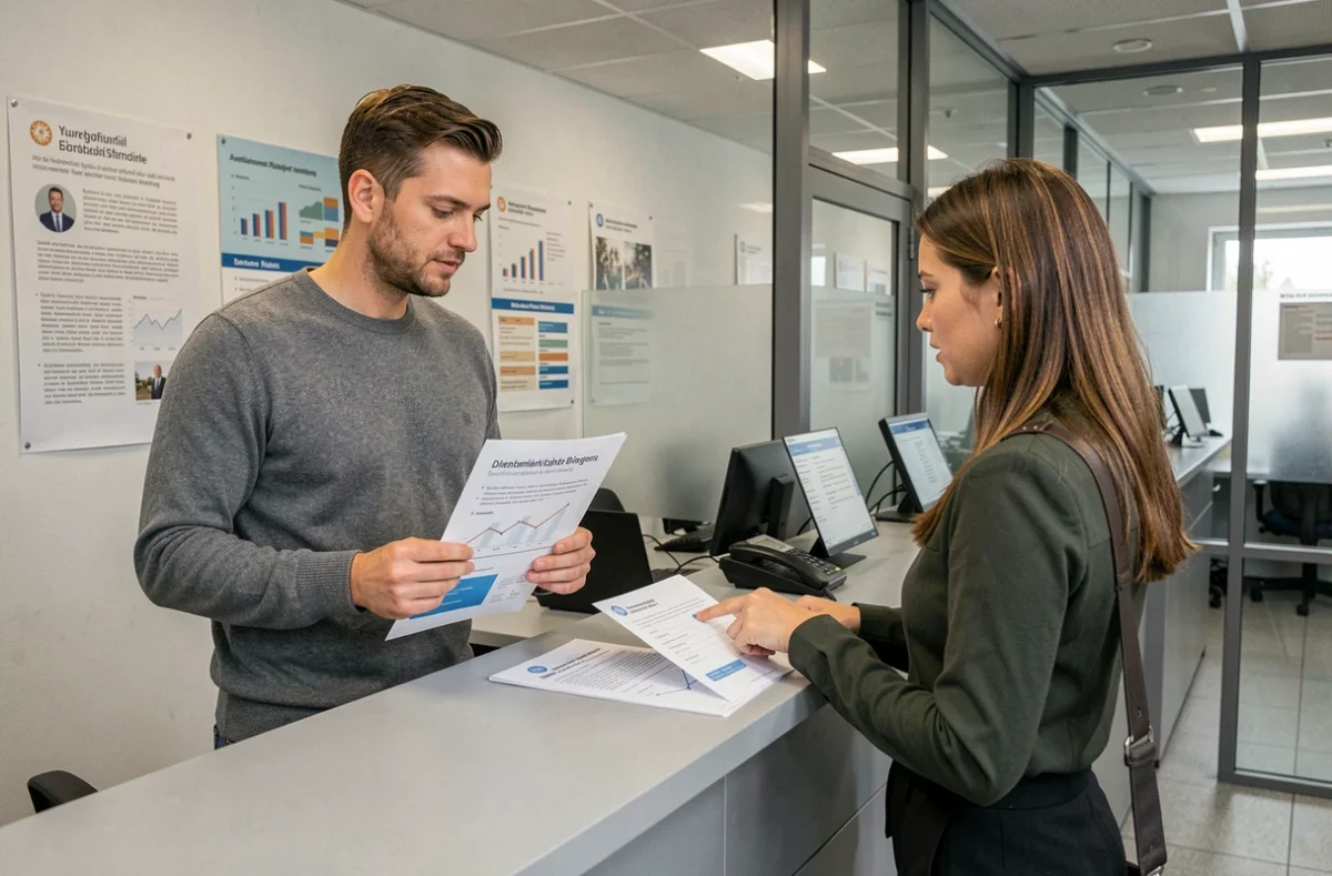 Mann informiert sich am Behördenschalter über digitale Verbraucherrechte in Deutschland