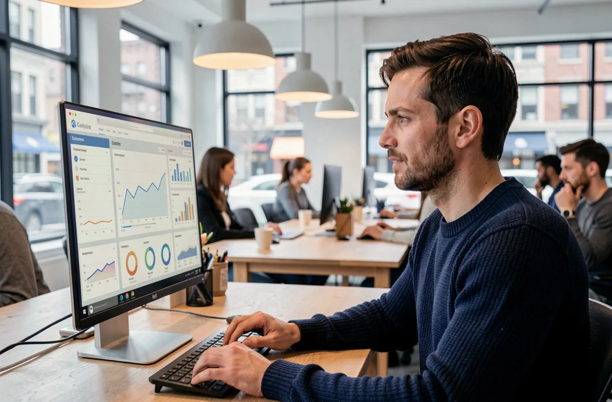 Mann analysiert Content-Marketing-Daten auf einem Monitor in einem modernen Co-Working-Space