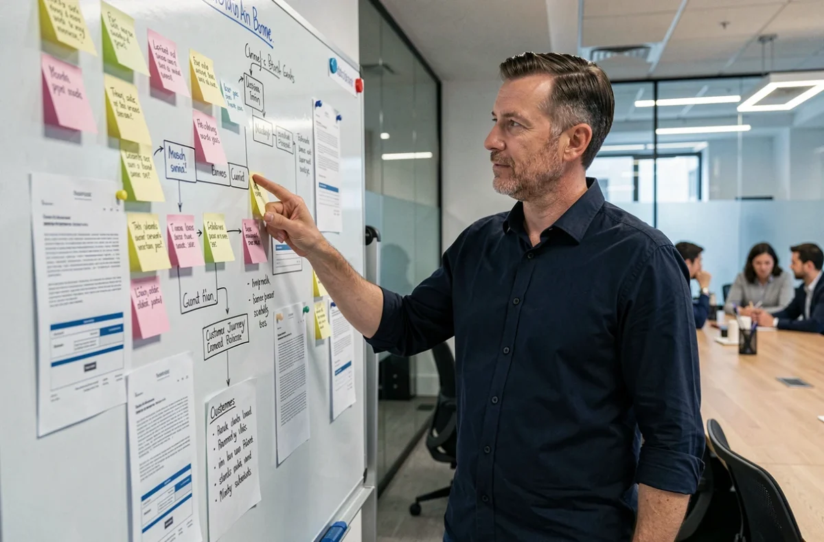 Mann präsentiert E-Mail-Marketing-Strategie mit personalisierten Kundensegmenten an einem Whiteboard