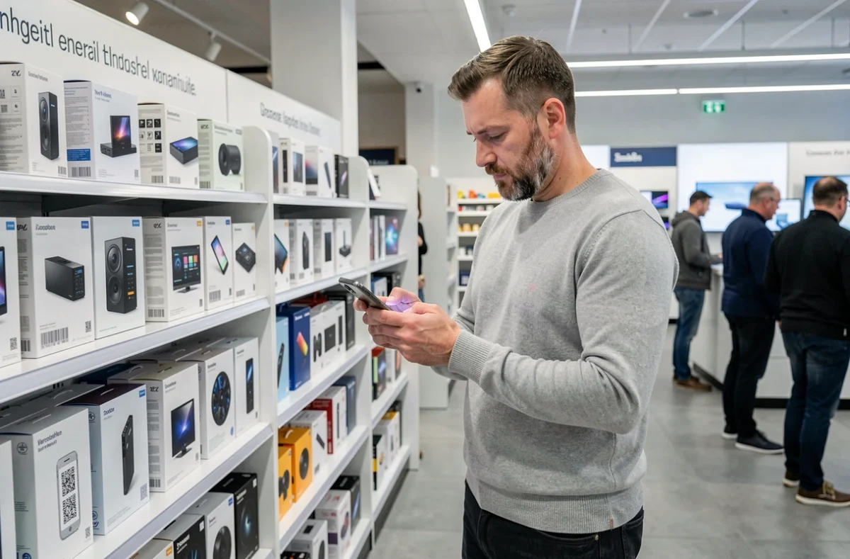 Mann scannt Produktverpackung im Elektronikmarkt – neue Verbraucherschutzrechte 2026