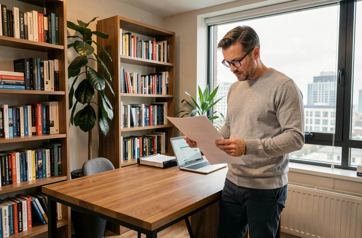 Mann analysiert SEO-Strategie-Dokument am Stehschreibtisch im Homeoffice