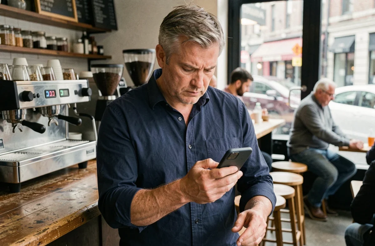 Mann schützt sein Smartphone-Display in einem öffentlichen Café – Datenschutz und digitale Privatsphäre unterwegs