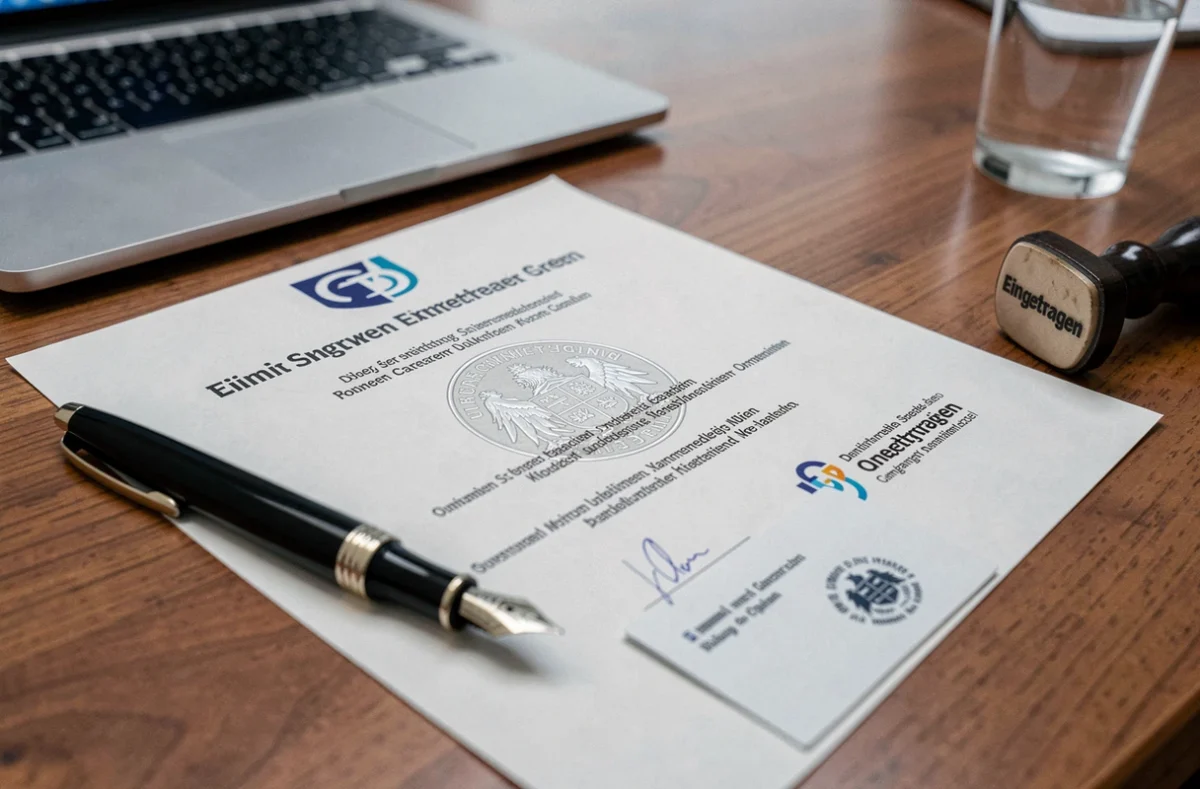 Detailaufnahme einer deutschen Markeneintragungsurkunde mit Stempel und Füllfederhalter auf einem Konferenztisch