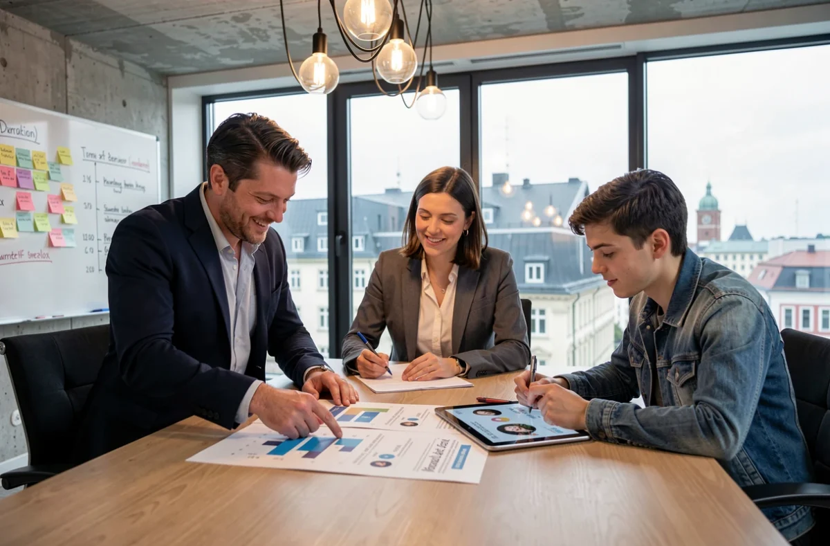 Marketing-Team in einer modernen Berliner Agentur bespricht Influencer-Kampagnen anhand von Reichweite-Statistiken und Diagrammen auf einem Tablet