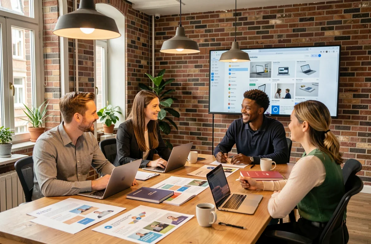 Kreatives Marketingteam bespricht Kampagnenstrategie in einer modernen Hamburger Werbeagentur