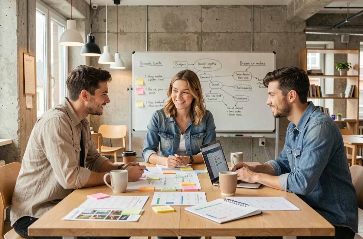 Junges Marketing-Team bespricht Social-Media-Strategie mit Notizen und Laptop in einem Co-Working-Space