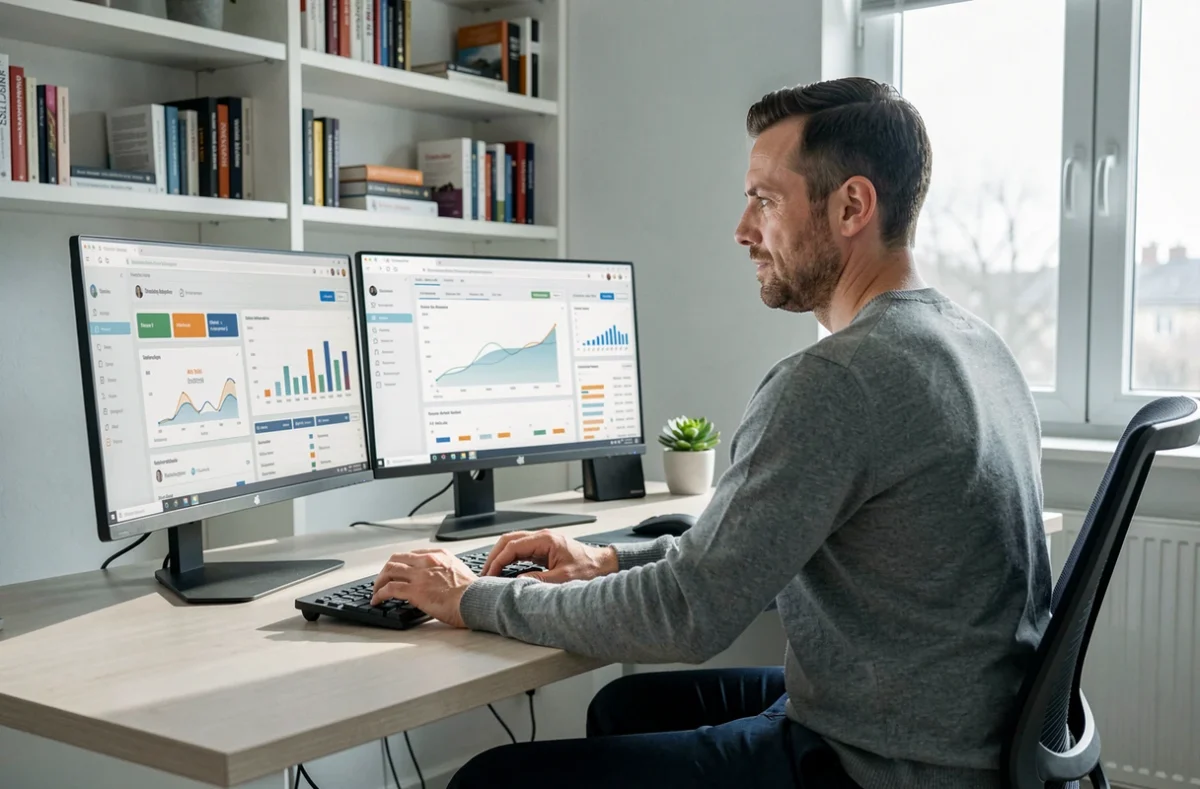 Marketinganalyst wertet digitale Kampagnendaten auf zwei Monitoren im modernen Homeoffice aus