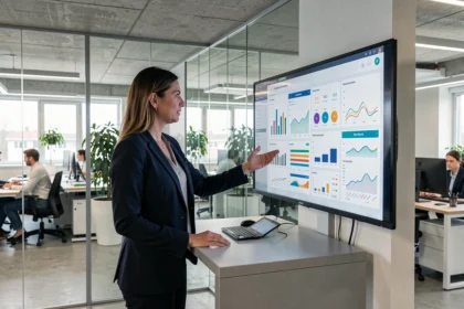 Marketingmanagerin präsentiert digitale Analysedaten auf einem interaktiven Touchscreen in einem modernen deutschen Büro