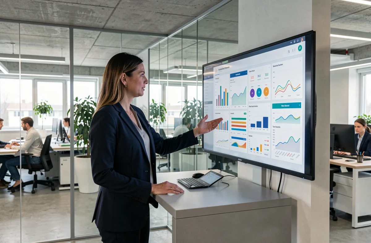 Marketingmanagerin präsentiert digitale Analysedaten auf einem interaktiven Touchscreen in einem modernen deutschen Büro