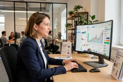 Marketingmanagerin analysiert Social-Media-Statistiken auf einem Monitor in einem modernen deutschen Büro