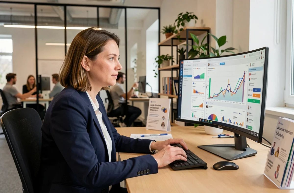Marketingmanagerin analysiert Social-Media-Statistiken auf einem Monitor in einem modernen deutschen Büro