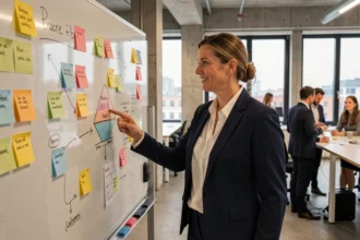 Geschäftsfrau präsentiert Marketingstrategie auf einem Glaswhiteboard in einem modernen Berliner Büro