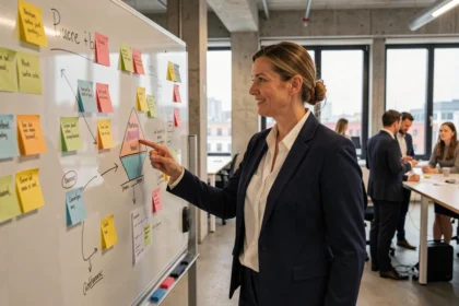Geschäftsfrau präsentiert Marketingstrategie auf einem Glaswhiteboard in einem modernen Berliner Büro