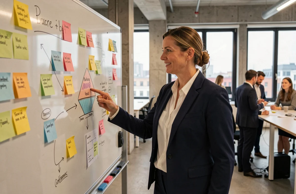 Geschäftsfrau präsentiert Marketingstrategie auf einem Glaswhiteboard in einem modernen Berliner Büro