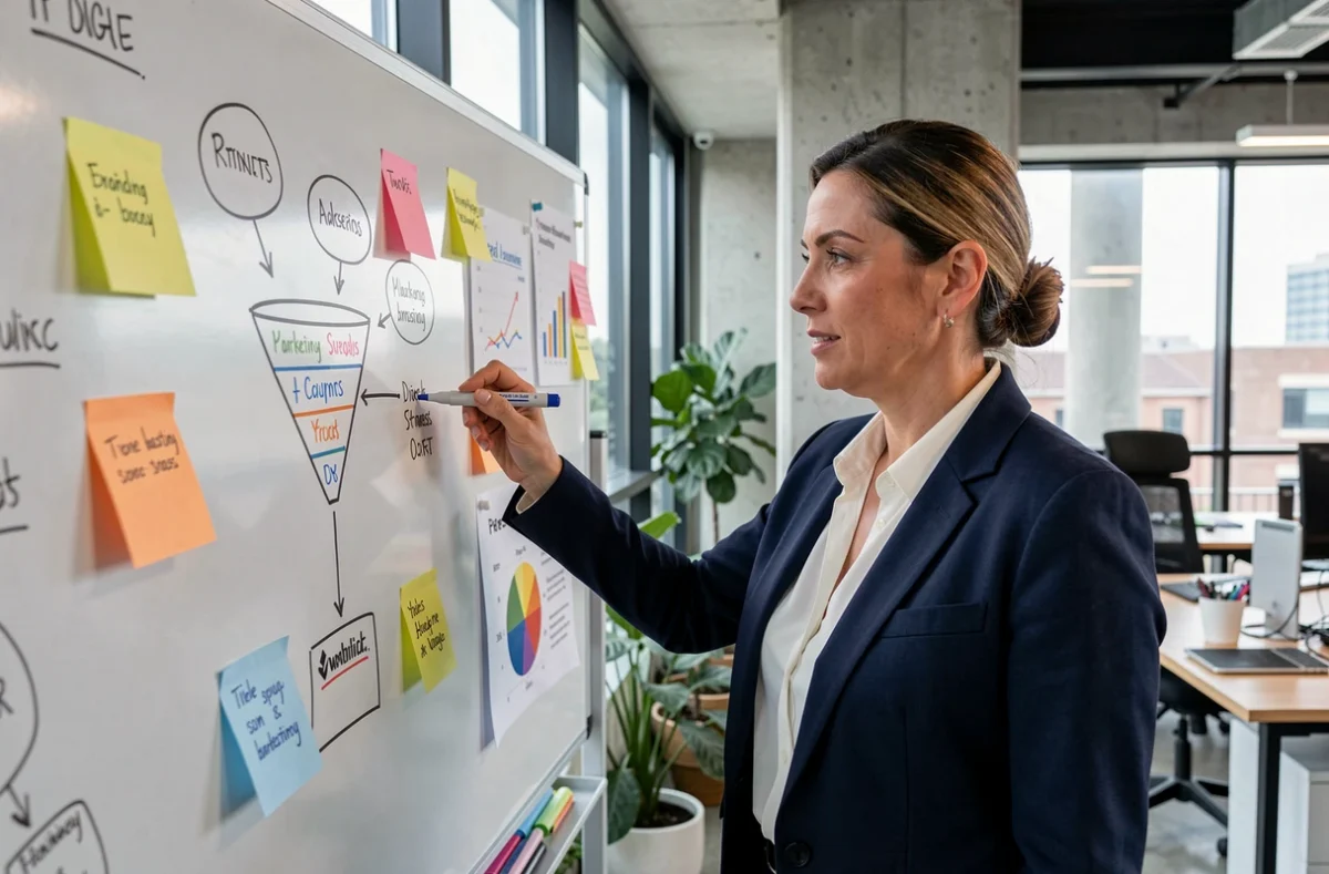 Marketingstrategin zeigt Markenbekanntheit-Diagramm auf Whiteboard im modernen Büro
