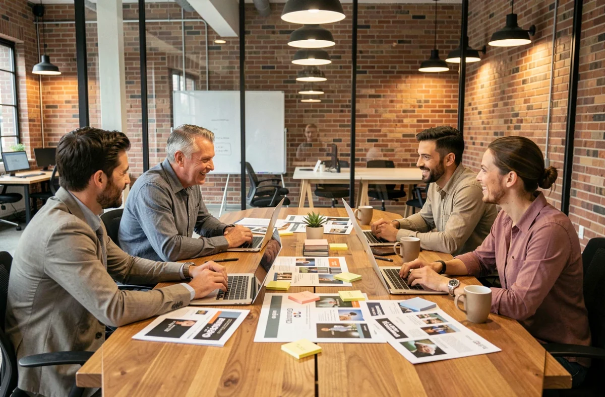 Marketingteam bei der Markenstrategieentwicklung im kreativen Meetingraum