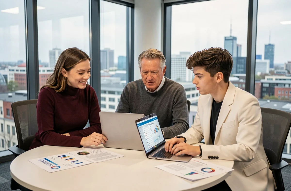 Marketingteam bespricht digitale Strategien und Trends für 2026 in einem modernen Konferenzraum mit Stadtblick